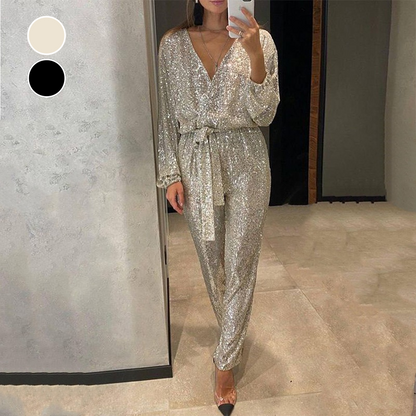 Glittery jumpsuit for women with V-neck and belt