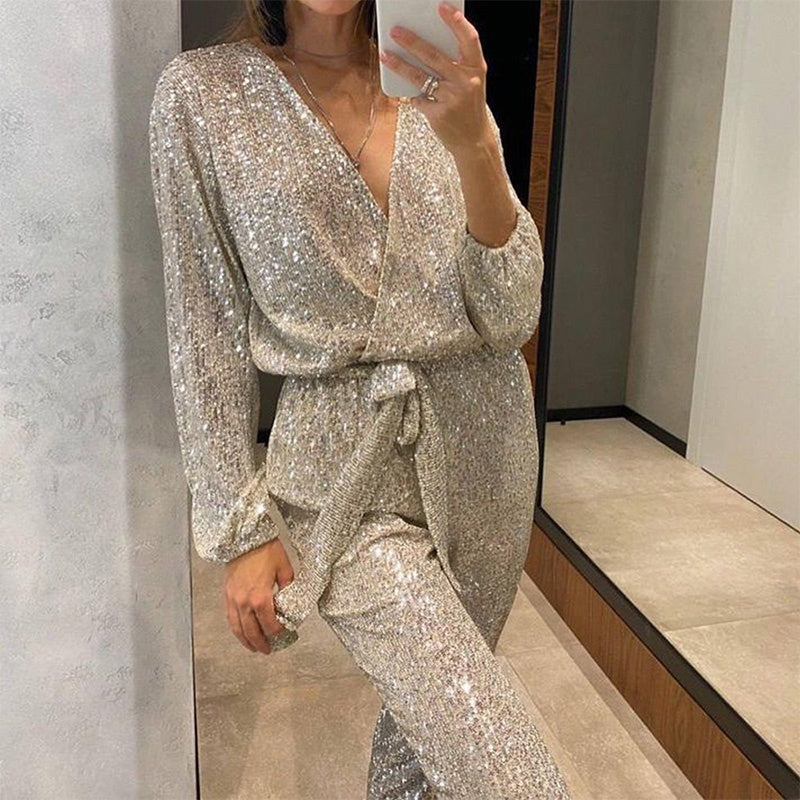 Glittery jumpsuit for women with V-neck and belt